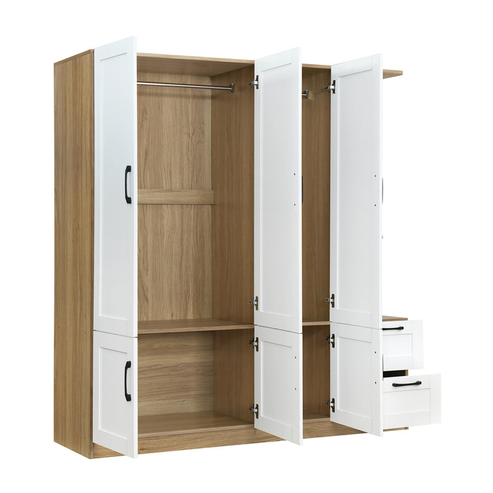 3 Door Wooden Storage Wardrobe for Dedroom with Shelves and 2 Drawers, Side Storage Shelves,White - DTYStore