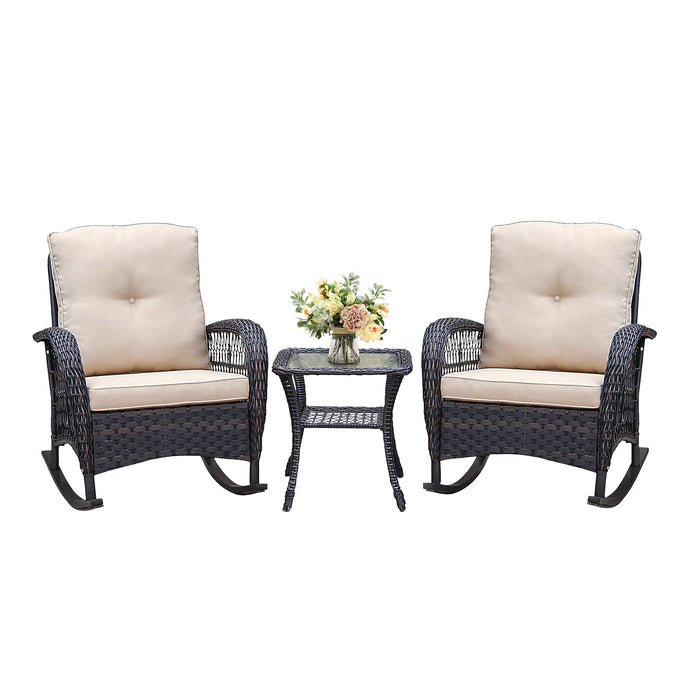 3 Pieces Conversation Set, Outdoor Wicker Rocker Patio Bistro Set, Rocking Chair with Glass Top Side Table - DTYStore