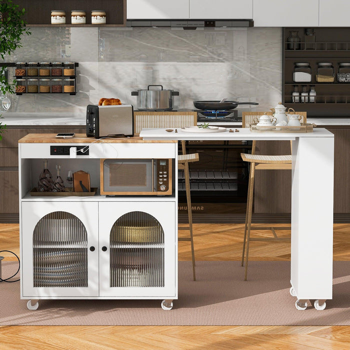 K&K Rolling Kitchen Island With Extended Table, Kitchen island on Wheels with LED Lights,Power Outlets and 2 Fluted Glass Doors, Kitchen Island with a Storage Compartment and Side 3 Open Shelves,White