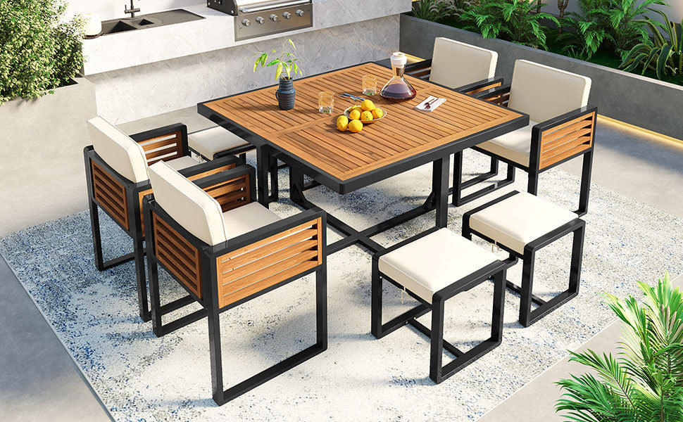 GO 9-Pieces Acacia Wood Patio Dining Set, Space Saving Outdoor Patio Set, 4 Cushioned Chairs & 4 Ottomans & 1 Square Table, for Backyard, Garden, Deck and Poolside, Beige - DTYStore