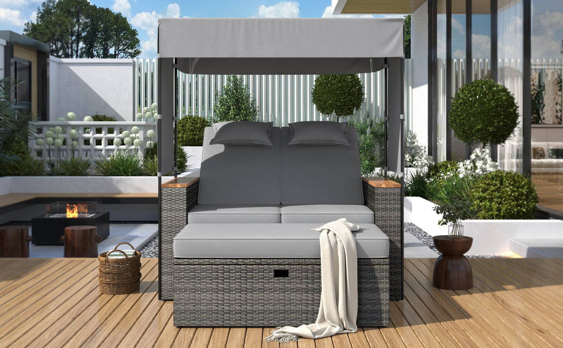 2-Piece Outdoor Rattan Daybed, Outdoor Bed with 5 Positions, Outdoor Loveseat Patio Sofa with Bench Lounge Roof Set and Cushions for Poolside, Backyard and Garden (Grey Wicker + Grey Fabric) - DTYStore