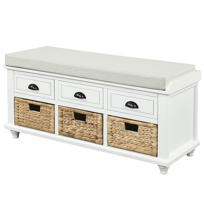 Rustic Storage Bench with 3 Drawers and 3 Rattan Baskets, Shoe Bench for Living Room, Entryway