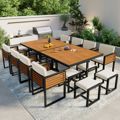 GO 18-Pieces Acacia Wood Patio Dining Set, Space Saving Outdoor Patio Set, 8 Cushioned Chairs & 8 Ottomans & 2 Square Table, for Backyard, Garden, Deck and Poolside, Beige - DTYStore