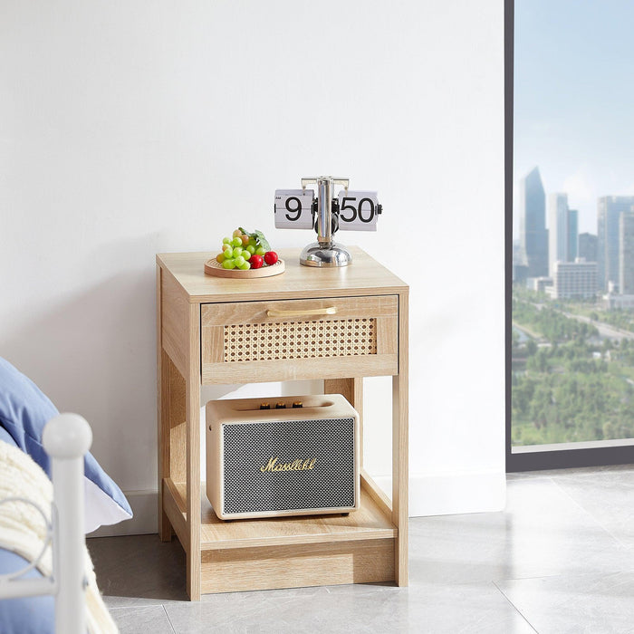15.75" Rattan End table with drawer, Modern nightstand, side table for living room, bedroom,natural - DTYStore