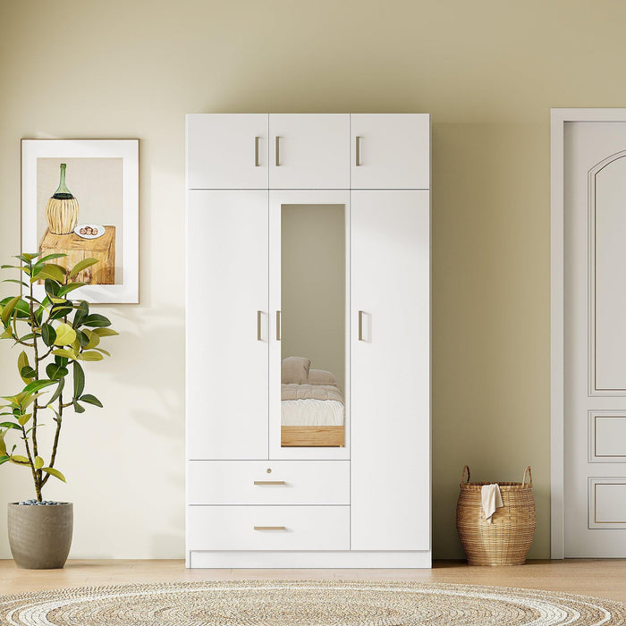 3-Door Mirror Wardrobe with 2 Drawers and Top Cabinet