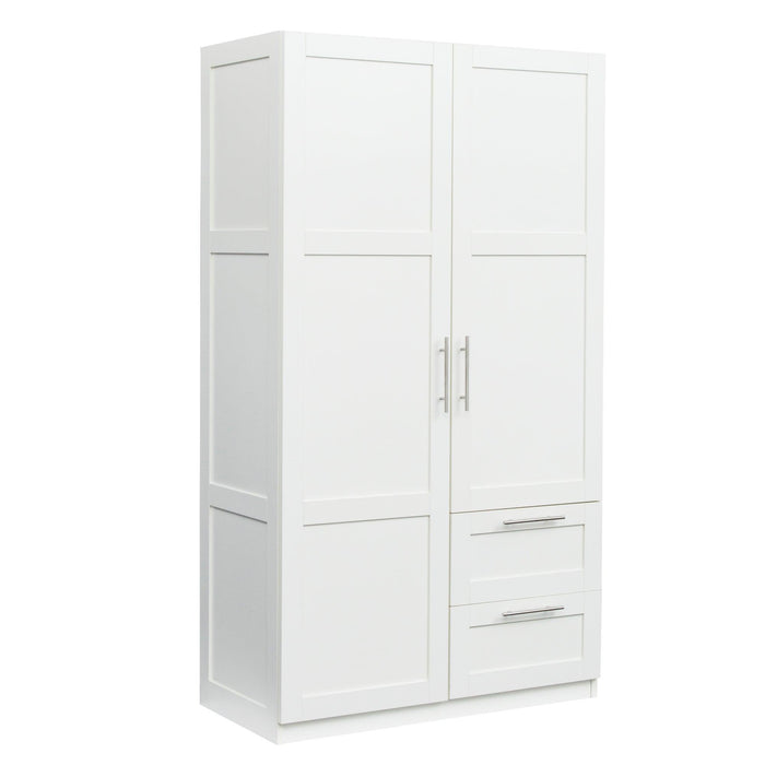 High wardrobe and kitchen cabinet with 2 doors, 2 drawers and 5 storage spaces,white