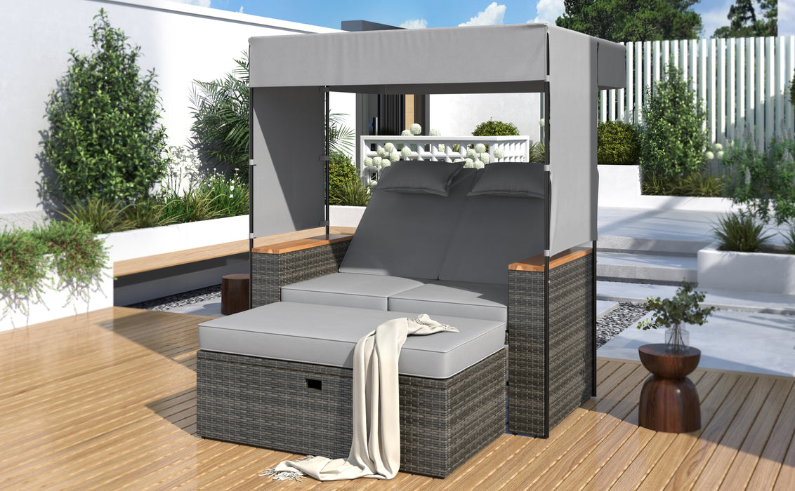 2-Piece Outdoor Rattan Daybed, Outdoor Bed with 5 Positions, Outdoor Loveseat Patio Sofa with Bench Lounge Roof Set and Cushions for Poolside, Backyard and Garden (Grey Wicker + Grey Fabric) - DTYStore
