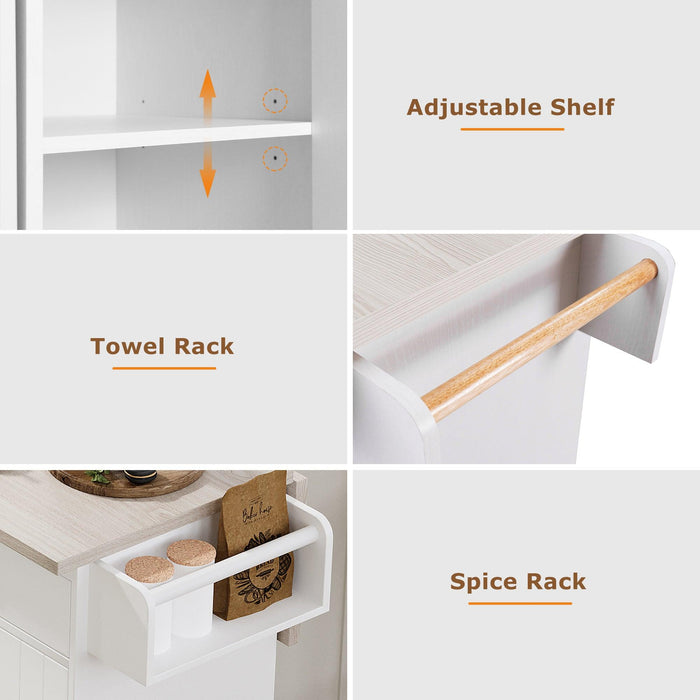 Kitchen Island with Trash Can Storage Cabinet, Kitchen Cart with Drop Leaf, Spice Rack, Towel Rack and Drawer, Rolling Kitchen Island on Wheels with Adjustable Shelf, White - DTYStore