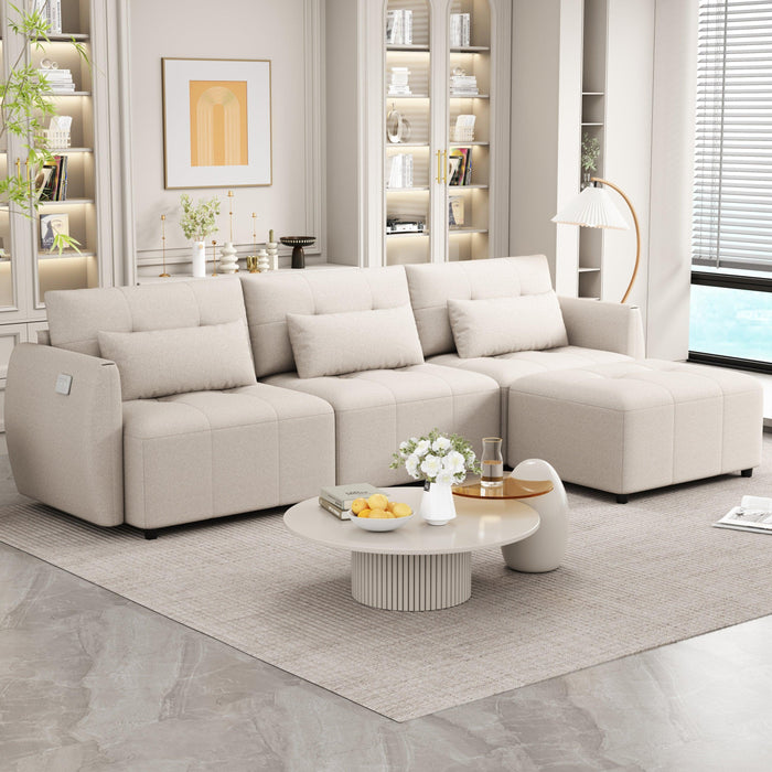 113.3" Convertible Sectional Sofa Couch 3-Seat L-Shaped with Movable Ottoman and USB Beige