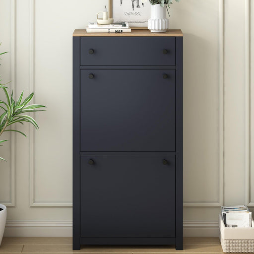 Functional Entryway Organizer with 2 Flip Drawers, Wood Grain Pattern Top Shoe Cabinet with Drawer, Free Standing Shoe Rack with Adjustable Panel for Hallway, Black - DTYStore