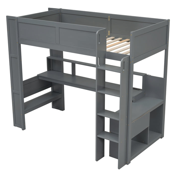 Wood Twin Size Gaming Loft Bed with Desk, Multi-storage Shelves, LED and Charging Station, Dark Gray - DTYStore