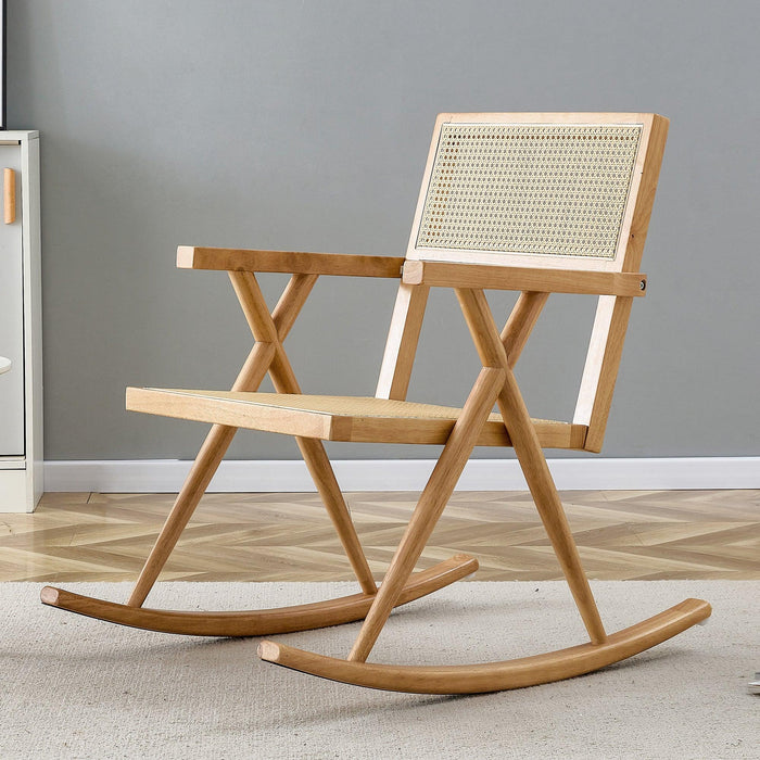 Solid Wood+Imitation Rattan Rocking Chair allows you to relax quietly indoors and outdoors, enhancing your sense of relaxation, suitable for balconies, gardens, and camping sites