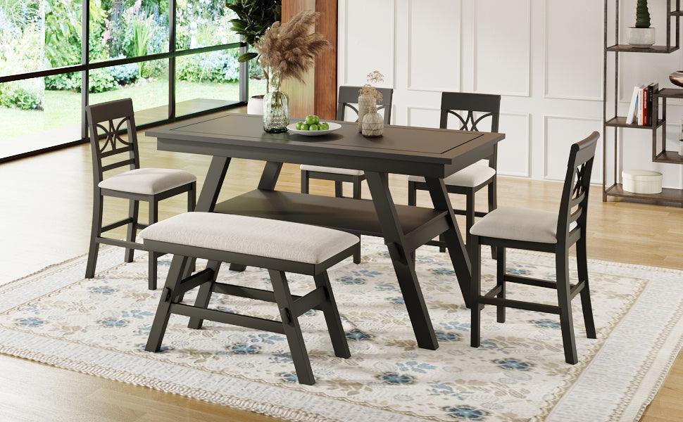 6-Piece Wood Counter Height Dining Table Set with Storage Shelf, Rustic Style, Kitchen Table Set with Bench and 4 Chairs