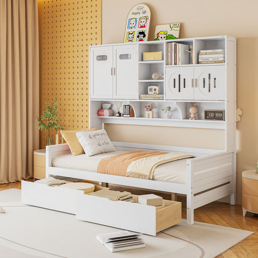 Twin Size Wooden Daybed With 2 Drawers, and All-in-One Cabinet and Shelf, White - DTYStore