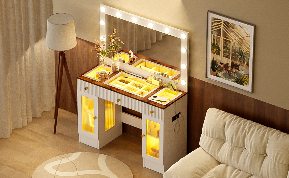 43.3' Vanity Desk with Large Mirror and Hollywood Bulbs, Modern Glass Top Makeup Vanity with Drawers and Power Outlet, Large Dressing Table with 3 Color Lighting Modes & RGB Cabinets for Bedroom - DTYStore