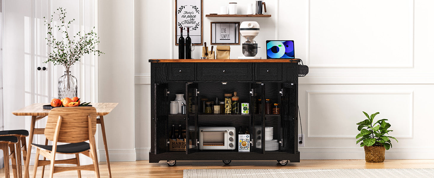 53'' Farmhouse Kitchen Island with Two Tempered Glass Cabinet Doors, Power Outlet, Rolling Kitchen Cart on Wheels with Drop Leaf, 5 Open Side Racks, 3 Drawers, for Kitchen, Dining Room, Black - DTYStore