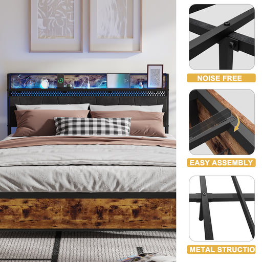 Full Size Bed Frame with Storage Headboard, Metal Platform Bed Frame with 4 Storage Drawers and Charging Station & LED, Metal Support, Noise-Free, No Box Spring Needed, Easy to Assemble - DTYStore