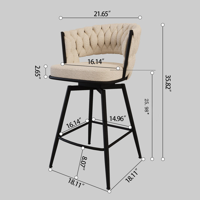 26' Bar Chair Linen Woven Bar Stool Set of 2,Black legs Barstools No Adjustable Kitchen Island Chairs,360 Swivel Bar Stools Upholstered Bar Chair Counter Stool Arm Chairs with Back Footrest (White) - DTYStore
