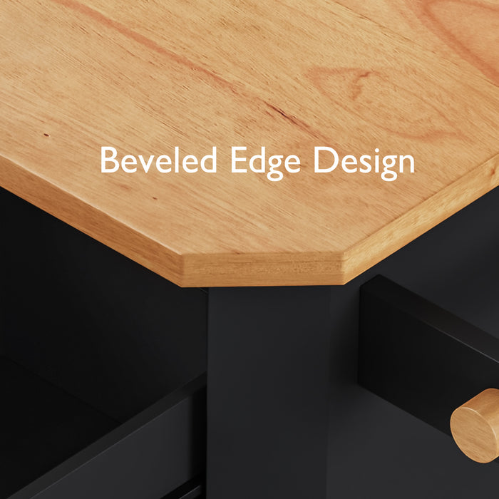 56 inch Kitchen Island with Rubber Wood Veneer Drop Leaf, Power Outlet, 4 Door Shelves, Embossed Vertical Stripe Rolling Kitchen Cart on 4 Wheels with 6 Deep Drawers for Kitchen, Dining Room,Black - DTYStore