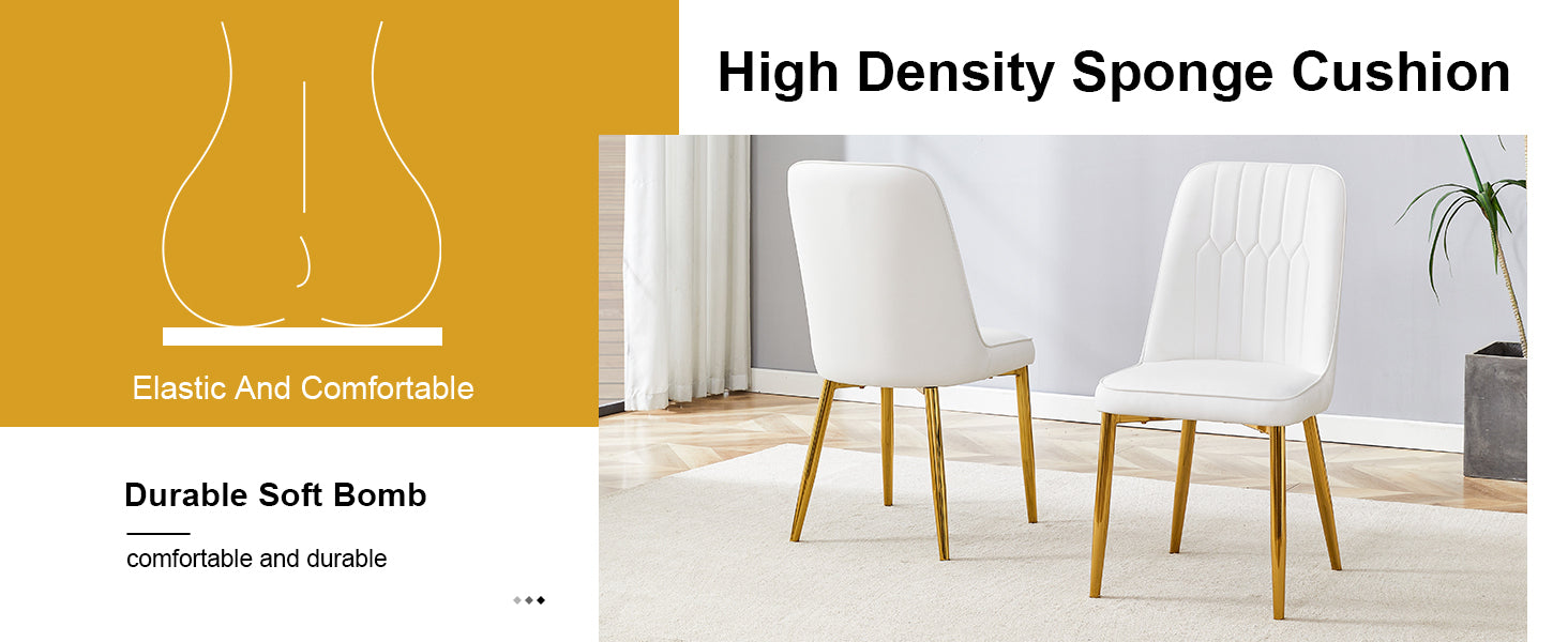 2 modern dining chairs, sleek PU leather backrest, and gold metal legs bring a comfortable home experience to the kitchen, bedroom, and office.W1151P183322 - DTYStore