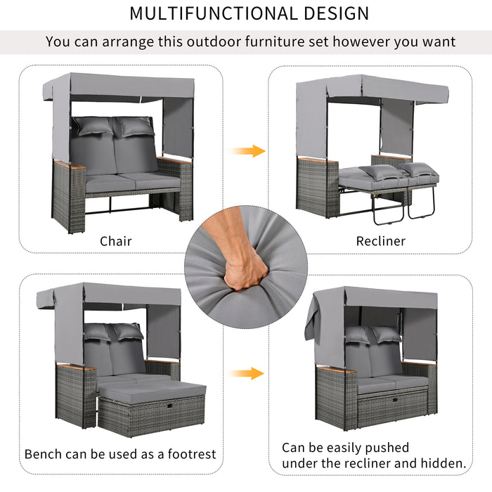 2-Piece Outdoor Rattan Daybed, Outdoor Bed with 5 Positions, Outdoor Loveseat Patio Sofa with Bench Lounge Roof Set and Cushions for Poolside, Backyard and Garden (Grey Wicker + Grey Fabric) - DTYStore