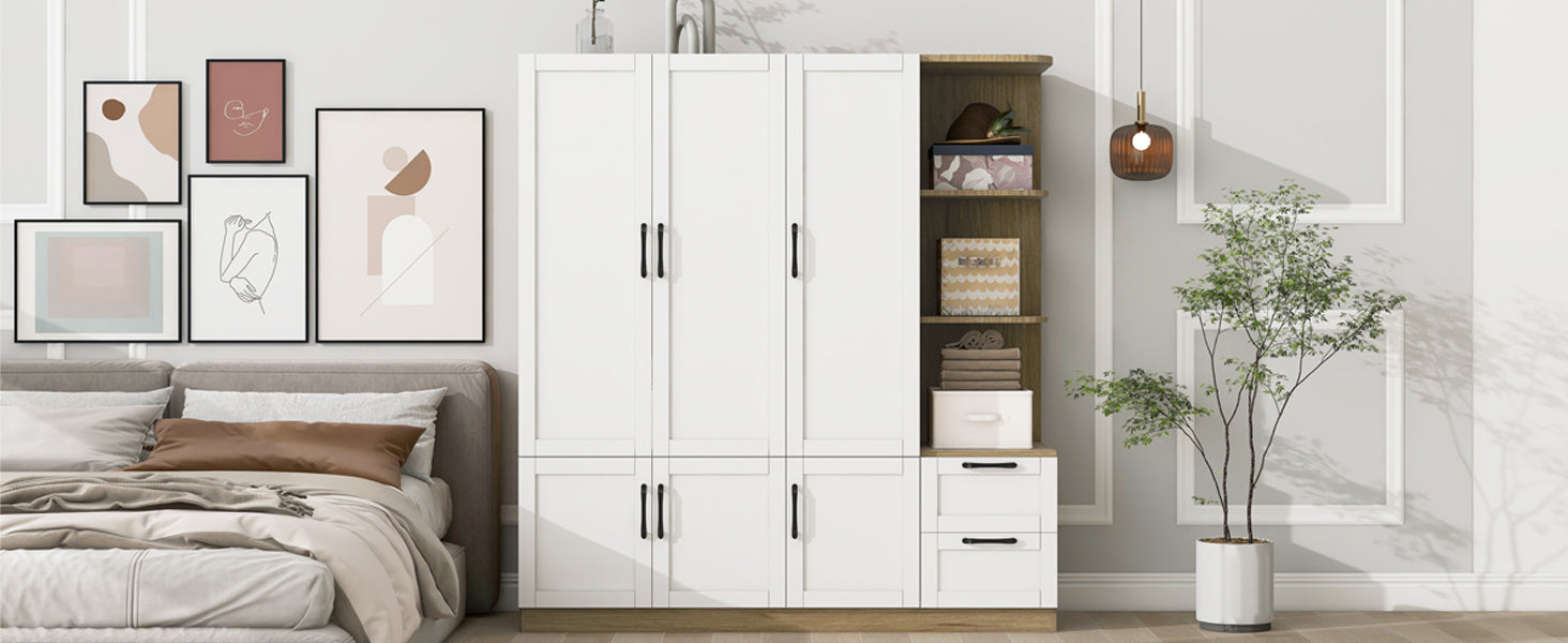 3 Door Wooden Storage Wardrobe for Dedroom with Shelves and 2 Drawers, Side Storage Shelves,White - DTYStore
