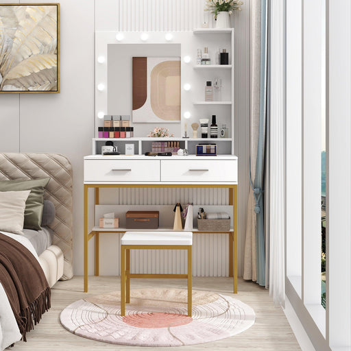 White modern simple vanity with stool, solid metal frame construction, 9 LED lights illuminate makeup mirror, adjustable brightness - DTYStore