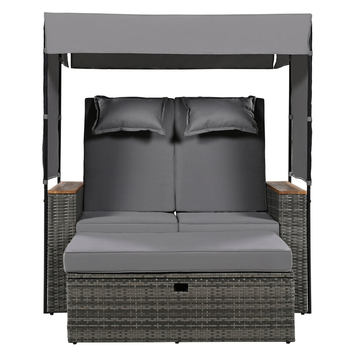 2-Piece Outdoor Rattan Daybed, Outdoor Bed with 5 Positions, Outdoor Loveseat Patio Sofa with Bench Lounge Roof Set and Cushions for Poolside, Backyard and Garden (Grey Wicker + Grey Fabric) - DTYStore