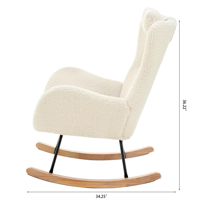 Rocking Chair Nursery, Teddy Upholstered Rocker Glider Chair with High Backrest, Adjustable Headrest & Pocket, Comfy Glider Chair for Nursery, Bedroom, Living Room, Offices, Rubber wood, beige