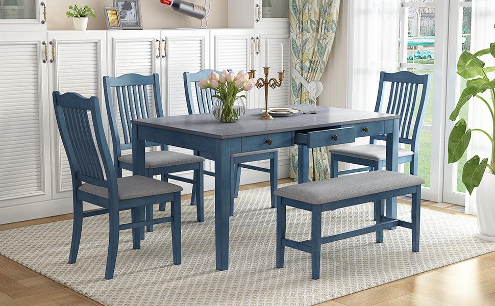 Mid-Century 6-Piece Wood Dining Table Set, Kitchen Table Set with Drawer, Upholstered Chairs and Bench, Antique Blue