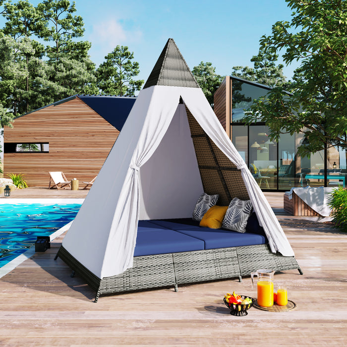 GO 90.5' Length Outdoor Sunbed With Colorful Pillows, Wicker Patio Daybed With Cushions, Tent Shape, Gray And Blue - DTYStore