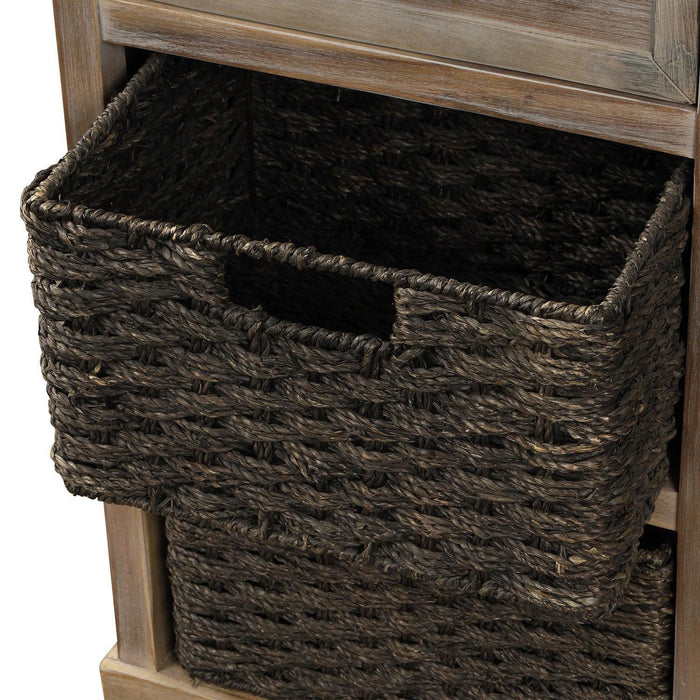 Rustic Storage Cabinet with Two Drawers and Four Classic Rattan Baskets for Living Room