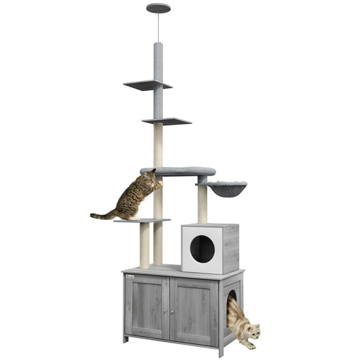 Cat Tree with Litter Box Enclosure, 2 in 1 Floor to Ceiling Cat Tower Litter Box Furniture with Condo, Bed, Hammock, Scratching Posts, and Platforms for Indoor Use, Gray - DTYStore