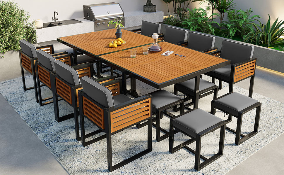 GO 18-Pieces Acacia Wood Patio Dining Set, Space Saving Outdoor Patio Set, 8 Cushioned Chairs & 8 Ottomans & 2 Square Table, for Backyard, Garden, Deck and Poolside, Gray - DTYStore