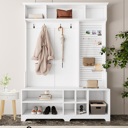 Hall Tree with Shoe Bench, Coat Rack ,Shoe Storage ,Storage Shelves and Pegboard, for Hallways, Halls and Bedrooms, White - DTYStore