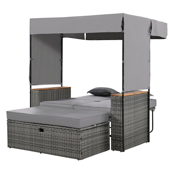 2-Piece Outdoor Rattan Daybed, Outdoor Bed with 5 Positions, Outdoor Loveseat Patio Sofa with Bench Lounge Roof Set and Cushions for Poolside, Backyard and Garden (Grey Wicker + Grey Fabric) - DTYStore