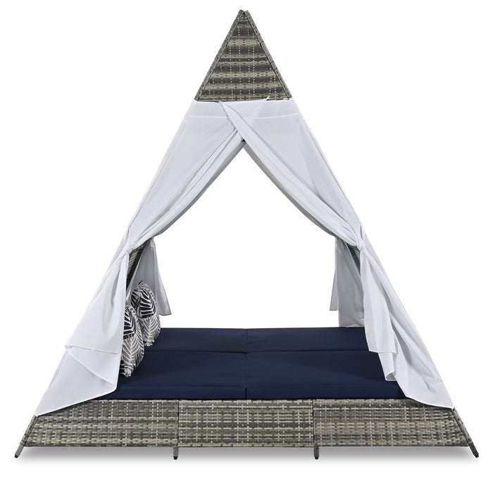 GO 90.5' Length Outdoor Sunbed With Colorful Pillows, Wicker Patio Daybed With Cushions, Tent Shape, Gray And Blue - DTYStore