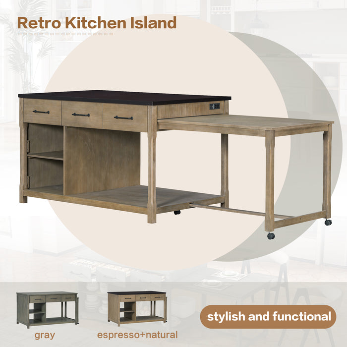 Extendable Kitchen Island with Storage, Multi-Functional Kitchen Cart with Built-In Power Outlets, Retro Kitchen Island on Wheels with Drawers and Open Shelves for Kitchen (Espresso+Natural) - DTYStore