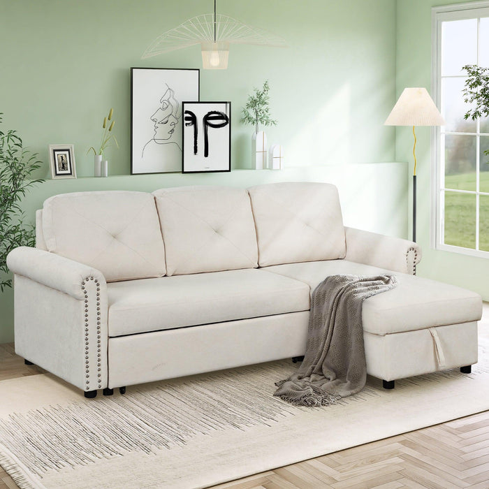 83" Modern Convertible Sleeper Sofa Bed with Storage Chaise,Beige