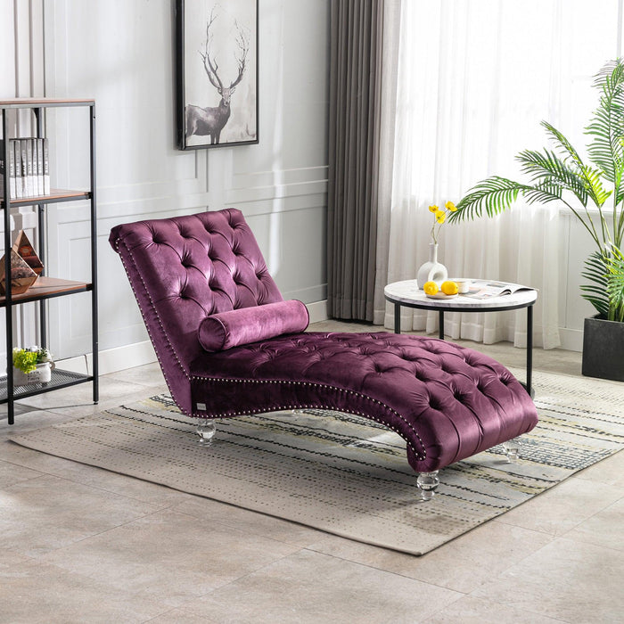 COOMORE Velvet Chaise Lounge Indoor,Button-Tufted Upholstered Chaise Lounge Chair with Pillow for Bedroom Living Room Office (Purple Velvet)