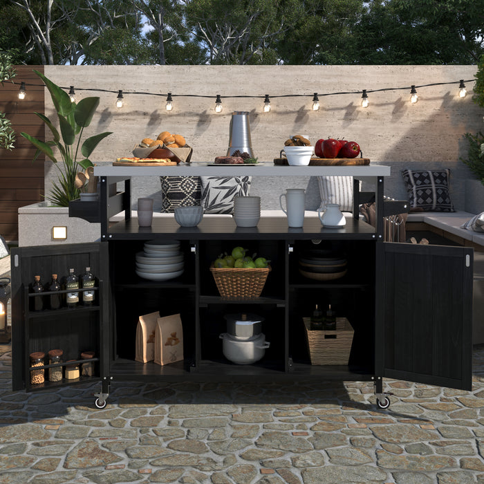 Outdoor Kitchen Island, Rolling Bar Cart & Storage Cabinet, Farmhouse Solid Wood Outdoor Grill Table with Stainless Steel Top, Spice Rack , Towel Rack for Kitchen & Barbecue, Black - DTYStore