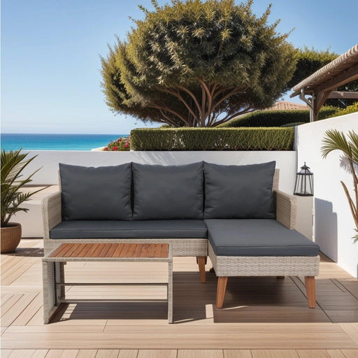 3 Piece Patio Sectional Wicker Rattan Outdoor Furniture Sofa Set Natural Yellow Wicker + Dark Grey Cushion - DTYStore