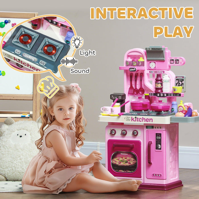 Play Kitchen, Kids Kitchen Playset Toy Kitchen with Lights, Sounds, 33 Accessories, Storage, Interactive Playset for Toddler 3-6 Years, Pink