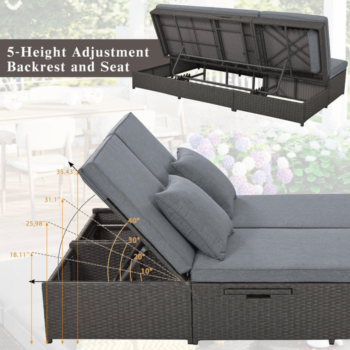 Outdoor Double Sunbed, Wicker Rattan Patio Reclining Chairs, Conversational Set for 2 Person