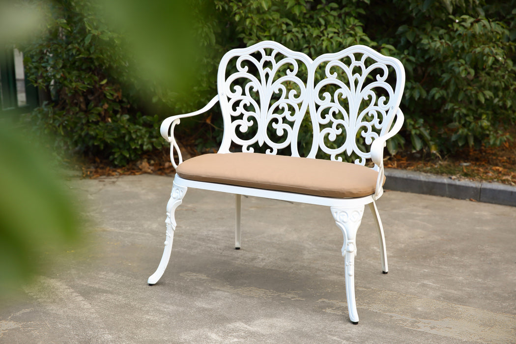 Patio Garden Bench Metal Park Bench Cast Aluminum Outdoor Furniture with Floral Rose for Patio,Park,Lawn,Yard with cushion white - DTYStore