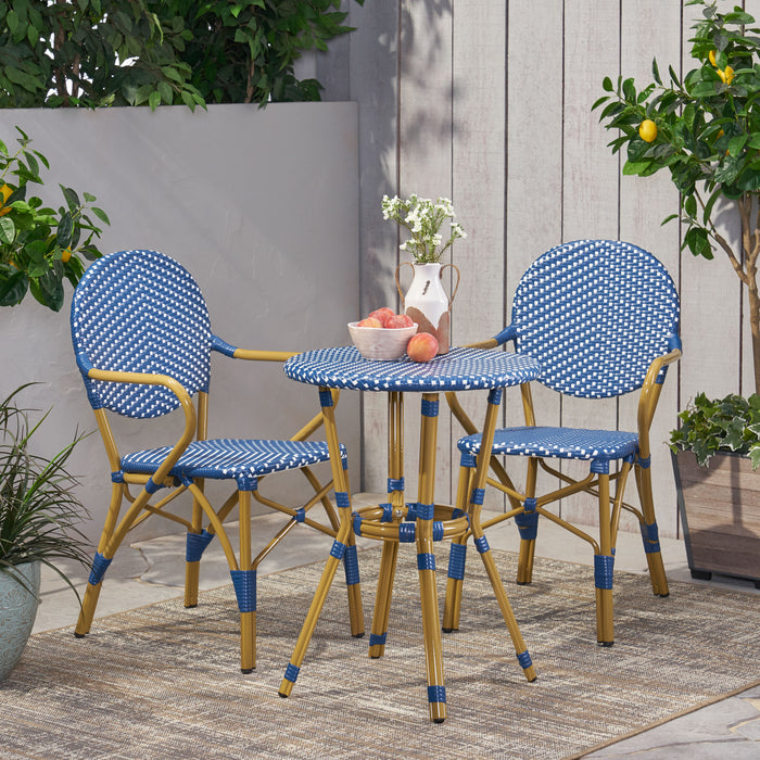 Outdoor PE Rattan and Aluminum 3 Piece French Bistro Set, Dark Teal & White, and Bamboo Finish - DTYStore