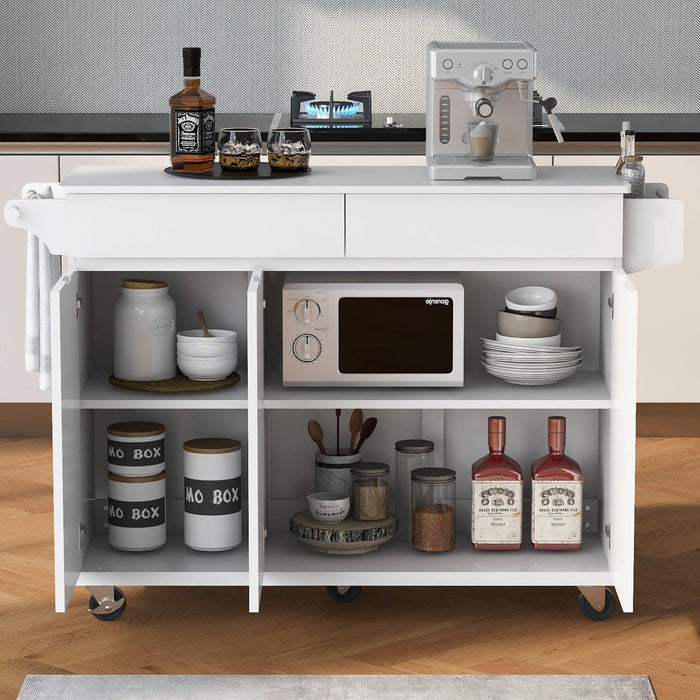 K&K 53.2'' Kitchen Island with Drop Leaf, Kitchen Storage Cart with Spice Rack, Towel Rack and 2 Drawers, Rolling Kitchen Island on Wheels with Adjustable Shelves for Kitchen, Dining Room, White