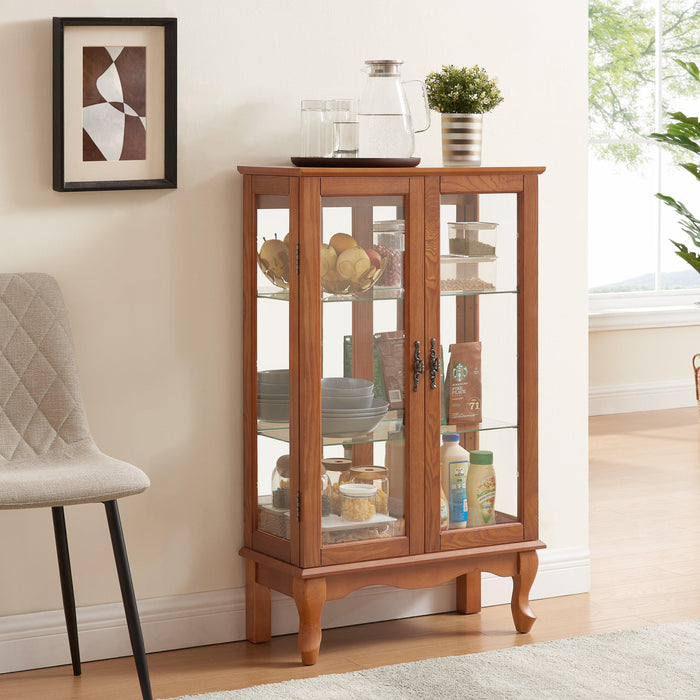 2 Doors Curio Cabinet with Tempered Glass Doors and Mirrored Back Panel, Lighted Display Cabinet for Home and Office