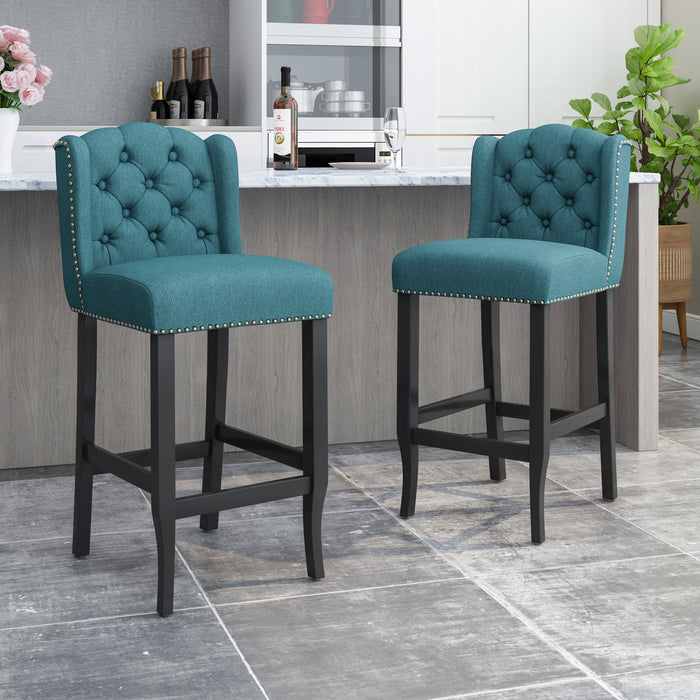 Vienna Contemporary Fabric Tufted Wingback 31 Inch Counter Stools, Set of 2, Teal and Dark Brown - DTYStore