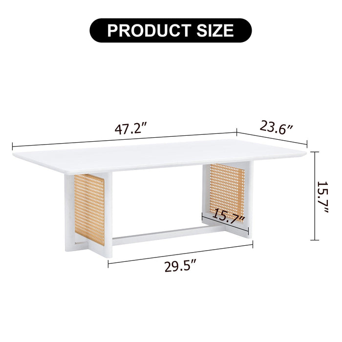 Chinese style white solid wood and imitation rattan coffee table, rectangular solid wood coffee low table, small living room coffee table